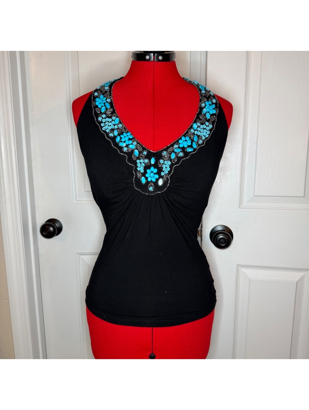 Cache Black Halter Top Turquoise Beads Womens Small